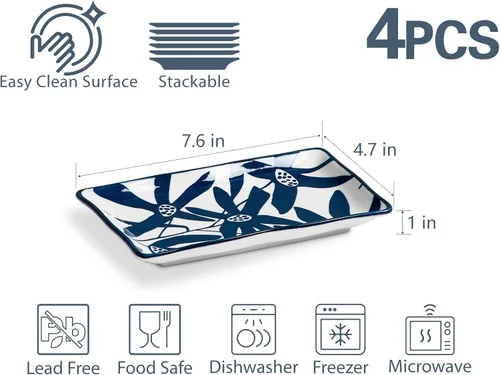 Vista 4 de ONEMORE Juego de 4 platos para aperitivos, platos pequeños de 7.5 pulgadas, platos rectangulares de porcelana para ensalada de postre, sushi, platos