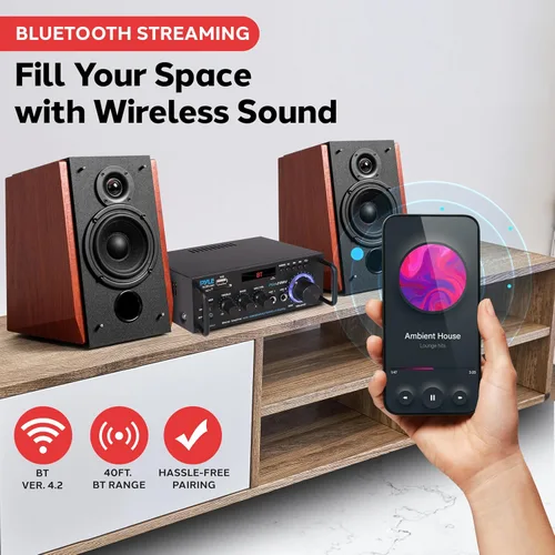 Vista 2 de Pyle Amplificador de potencia estéreo Bluetooth inalámbrico de 200 W, receptor de audio de 2 canales con RCA, USB, SD, entrada de micrófono, radio