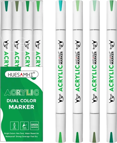 Vista 9 de Dual Tip Brush Markers, 4 Pack Double Ended Acrylic Paint Pens - Permanent Water-Based for Rock Painting, Wood, Metal, Ceramic, Glass, Crafts & Kids