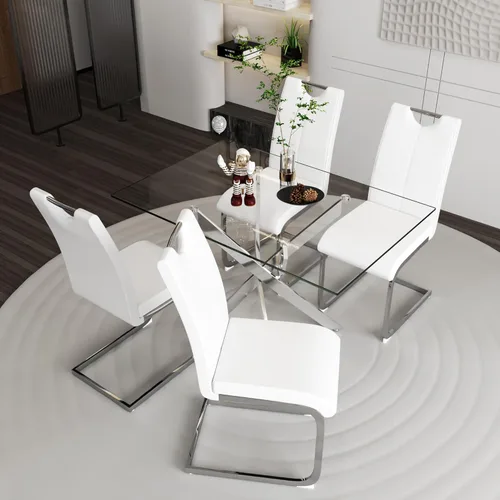 Vista 15 de Juego de mesa de comedor de 5 piezas, moderno juego de mesa de comedor de vidrio templado para 4 mesas de cocina con 4 sillas tapizadas para cocina