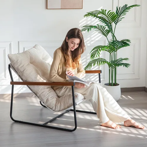 Vista 3 de MAXYOYO Silla decorativa moderna, cómoda, para sala de estar, con marco metálico y reposabrazos de madera, sillón tapizado con cojín suave para Beige