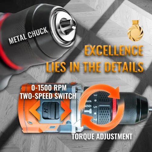 Vista 5 de Taladro inalámbrico sin escobillas 50N.m, taladro eléctrico de 4 funciones con 36 accesorios, portabrocas de metal sin llave, 35 ajustes de par, 2