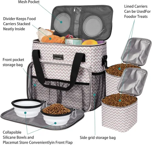 Vista 5 de BAGLHER Bolsa de viaje para perros, bolsa de viaje para mascotas (todos los suministros de viaje para mascotas), con 2 recipientes de comida