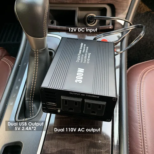 Vista 4 de Inversor de corriente de 300 W convertidor de corriente para automóvil CC 12 V a CA 110 V con adaptadores USB duales de 4.8 A para acampar viajes