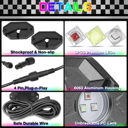 Vista 7 de SWATOW - Juego de luces de neón de 4 x 4 pulgadas, luces de roca RGB LED, luces subterráneas con control Bluetooth, luces multicolor para ruedas