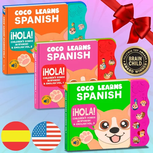 Vista 8 de Coco Learns Spanish Vol. 3 - Libro interactivo de tablero de sonido para niños pequeños de 1 a 3 años, canciones y música bilingües en inglés