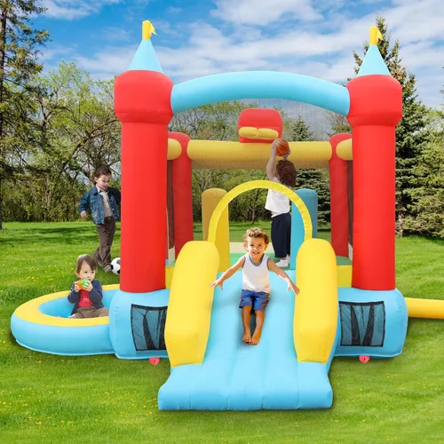 Vista 8 de WELLFUNTIME - Casa inflable de rebote con tobogán, castillo hinchable con soplador y piscina de olas, aro de baloncesto, portería de fútbol