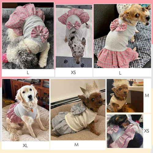 Vista 6 de KYEESE Vestido de perro a cuadros con lazo, ropa ligera para mascotas para perros pequeños, gatos, cachorros, trajes de perro, gris, XS