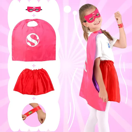 Vista 3 de kuaima Capas y máscaras de superhéroe para niñas disfraces de Halloween con falda y pulseras para niñas regalos de fiesta de cumpleaños