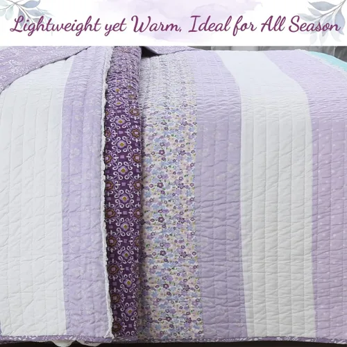 Vista 6 de Cozy Line Home Fashions - Juego de ropa de cama reversible de 100 % algodón con volantes y estampado floral azul bebé morado, colcha para todas