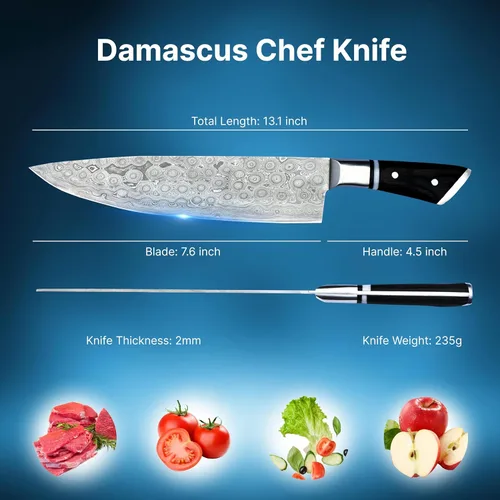 Vista 2 de 8 Inch Viking Damascus Chef Knife with 67 Layers Sharp Blade Stainless Steel Kitchen Carving Cutting Breaking Knive Pakkawood Handle Gift Box