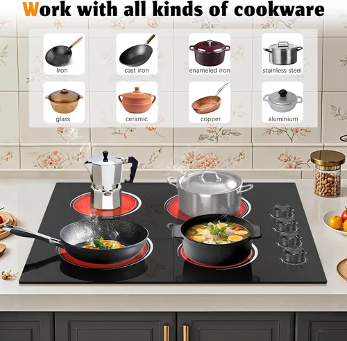 Vista 5 de Estufa eléctrica de 4 quemadores con control de perillas, de 24 pulgadas, estufa eléctrica radiante incorporada de 6000 W, 9 niveles de potencia