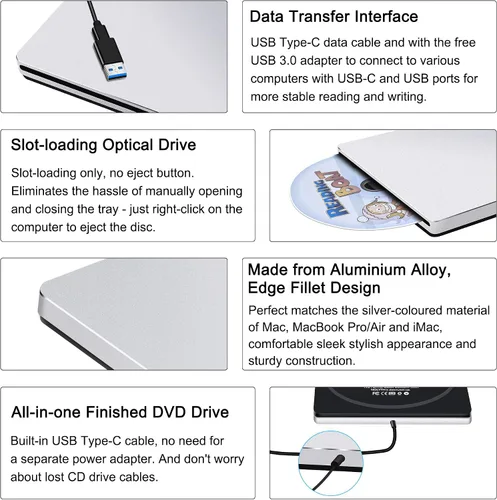 Vista 3 de USB C SuperDrive para Mac: Unidad externa de CD/DVD para portátil MacBook Apple Ranura Grabadora de CD Reproductor de DVD Plug and Play para PC
