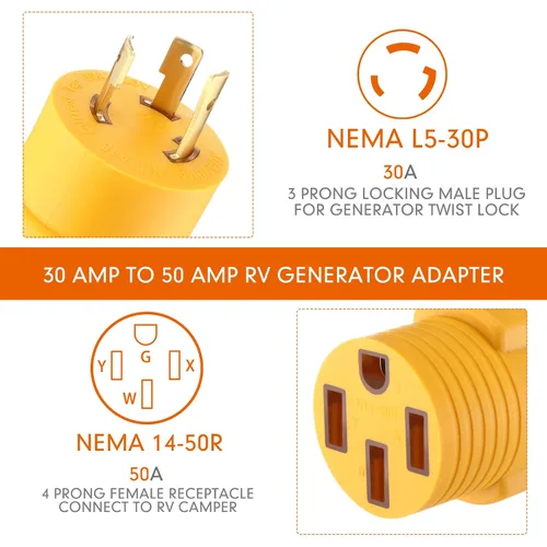 Vista 2 de Kanayu NEMA L5-30P a 14-50R Adaptador generador RV de 30 amperios a 50 Amarillo