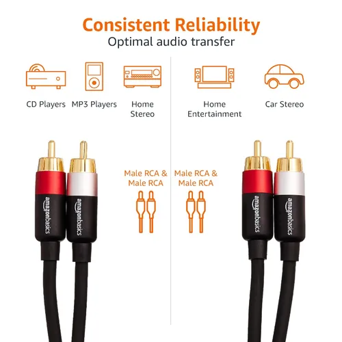 Vista 5 de Amazon Basics Cable de audio RCA de 2 contactos para amplificador, altavoces activos o subwoofer con conectores chapados en oro, 1,2 m, negro