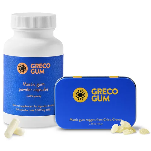 GRECO GUM Paquete de nueces y cápsulas de masilla – 2 artículos: NUGGETS MASTIHA PURE CHIOS (1.59 OZ TIN) + CÁPSULAS DE Goma MASTICA 500 mg (60
