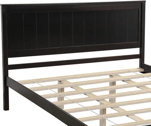 Vista 6 de Elegante cama de plataforma de tamaño Queen con cabecero, plataforma de madera maciza con soporte de listones de madera para dormitorio