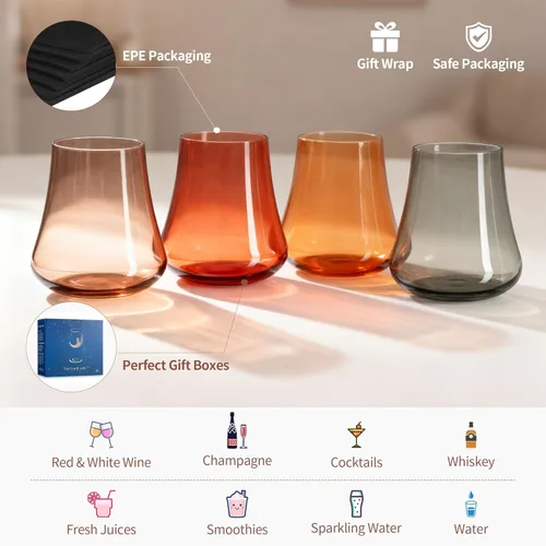 Vista 4 de Copas de vino de cristal sin tallo: juego de 4-15oz Lindas copas de vino marrón soplado a mano ámbar sin tallo para cena de otoño invierno