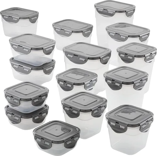 Vista 19 de Rachael Ray Juego de contenedores de almacenamiento de alimentos a prueba de fugas, 10 piezas, transparentes con tapas grises Transparente con tapas