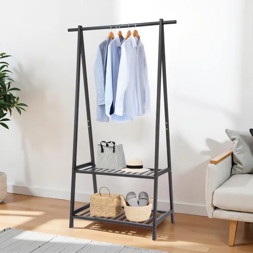 Finnhomy Estante de ropa de bambú portátil extra grande con estantes de almacenamiento de 2 ruedas para recibidor y dormitorio, diseño patentado