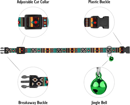 Vista 4 de Collar de gato Breakaway 2 piezas de patrón ajustable tribal azteca suroeste de seguridad collares para mascotas para gatos gatitos (azteca + tribal)