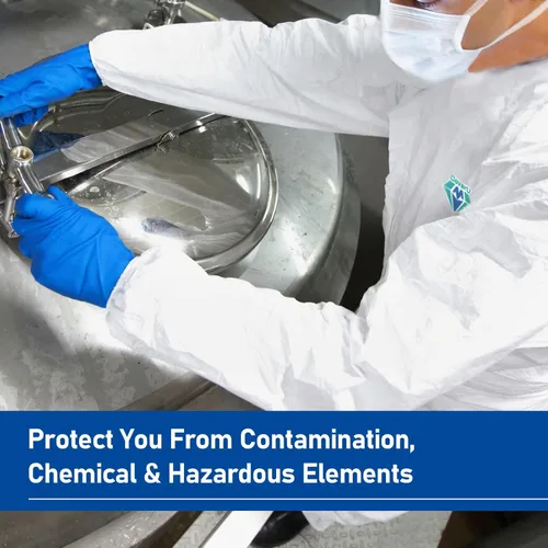 Vista 6 de Medtecs Trajes de materiales peligrosos desechables - con cuello - Tela aprobada AAMI Nivel 4 Overol para protección química de riesgo biológico L