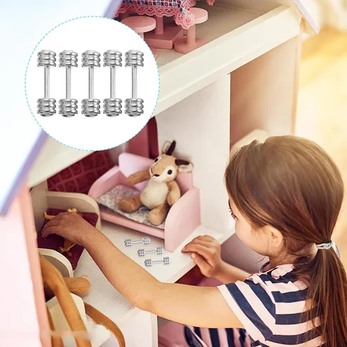 Vista 5 de Veemoon Equipo de gimnasio en miniatura para casa de muñecas, 5 piezas 1: 12 mini mancuernas modelo casa de muñecas, suministros de pesas