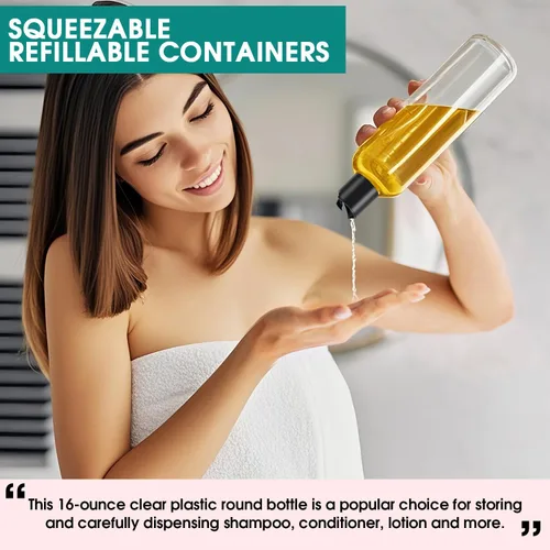Vista 6 de 3 piezas de botellas de champú y acondicionador de viaje recargables de plástico transparente de 16 oz con tapas de disco negro, botellas vacías
