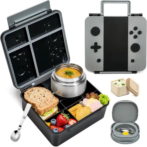 Vista 9 de Caja Bento Game para niños, lonchera con termo (tarro de comida de 9 onzas), cuchara plegable, divisor extraíble y taza de salsa, lonchera infantil