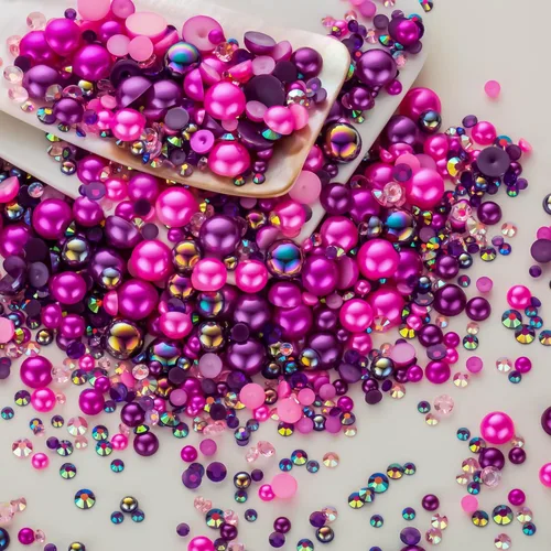 Vista 14 de 60g Perlas de Plata Gris y Diamantes de Imitación para Manualidades Tamaño Mixto 3mm-10mm Color AB Perlas Redondas Mitad Planas y Diamantes