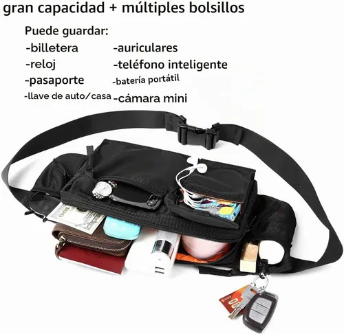 Vista 3 de Riñonera grande impermeable negra para hombres y mujeres, bolsa de cinturón, bolsa de cadera con correa ajustable, riñonera ligera de primera