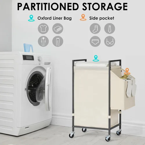 Vista 3 de Cesta de lavandería con tapa marrón rústico y ruedas; cesta grande de lavandería con ruedas de 96L con bolsa de forro Oxford extraíble; canasta alta
