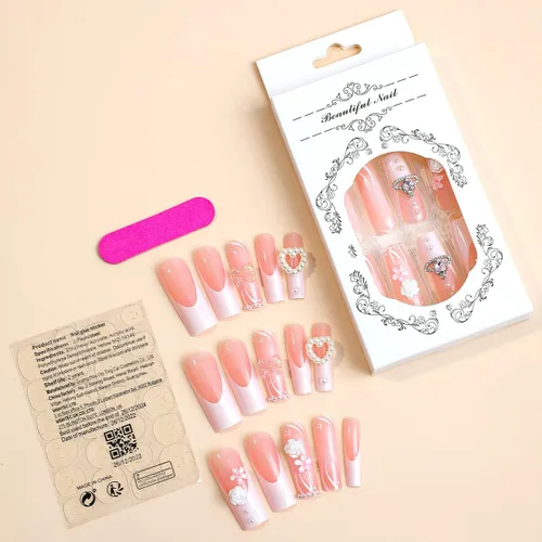 Vista 5 de LPOODDNU 24 uñas postizas largas cuadradas a presión, uñas postizas francesas, uñas acrílicas de color rosa brillante, cobertura completa, perlas