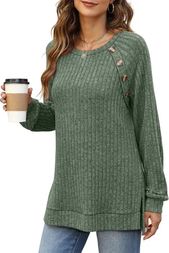 Vista 3 de Bofell Camisas de manga larga para mujer, cuello redondo, estilo casual, con botones, con abertura lateral