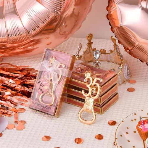 Vista 9 de 24 cajas de abrebotellas de cumpleaños con temática de oro rosa, adecuado para regalos de fiesta de boda, regalos de fiesta de cumpleaños