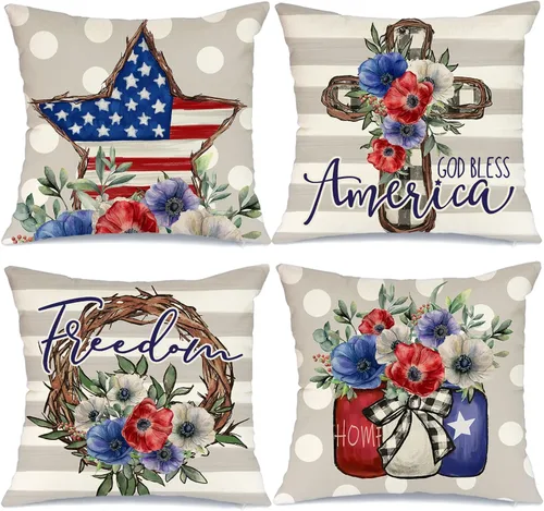 Vista 10 de GEEORY Juego de 4 fundas de almohada de 18 x 18 pulgadas para el 4 de julio, Dios bendiga Estados Unidos, estrellas valientes, a rayas, decorativas