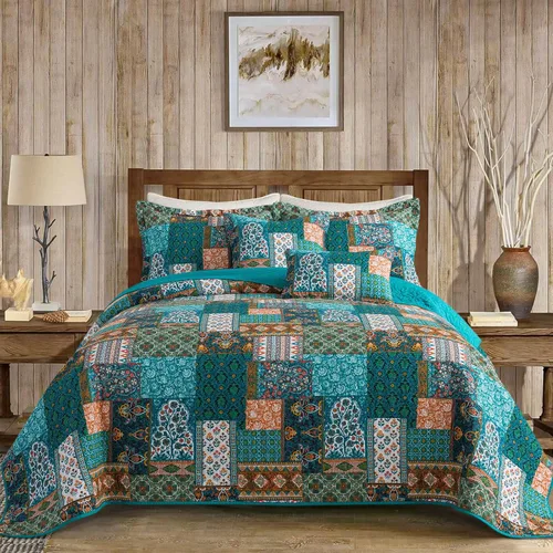 Vista 9 de VAPUTAR Edredones de Algodón Tamaño Queen, Juego de Ropa de Cama Edredón Queen con Patrón Damasco Bohemio-3 Piezas Colcha Ligera Suave Tamaño Queen