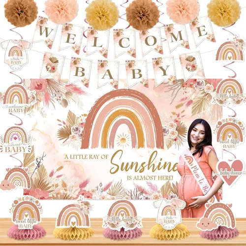 Decoraciones de baby shower estilo bohemio rosa para niña, A Little Ray of Sunshine is Almost Here Boho Rainbow Welcome Baby Banner telón de fondo