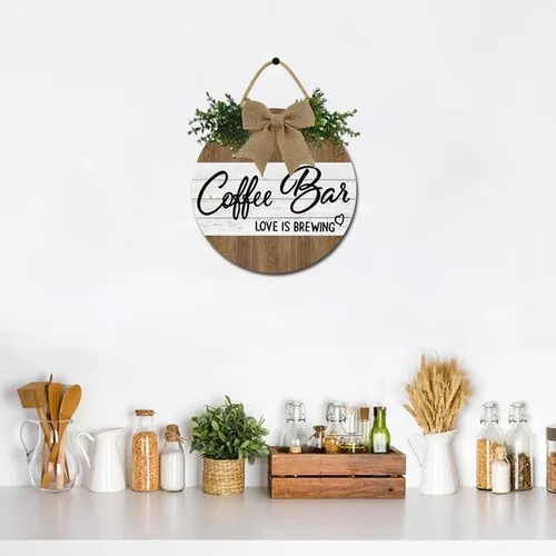 Vista 4 de Cartel de café con texto en inglés «Love Is Brewing» para cafetería, letrero de madera rústica de 11 pulgadas para decoración de pared de cafetería
