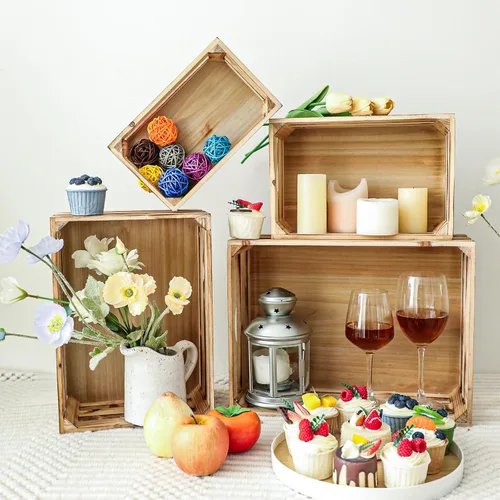 Vista 6 de Cajas de almacenamiento grandes de madera antorchada, juego de 4 cajas de madera anidables para exhibición, rústicas, cajas de almacenamiento