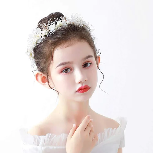 Vista 3 de Diadema de boda para niñas de flores, cuentas de cristal de perlas de diamantes de imitación, accesorios para el cabello de vid dorada para niña