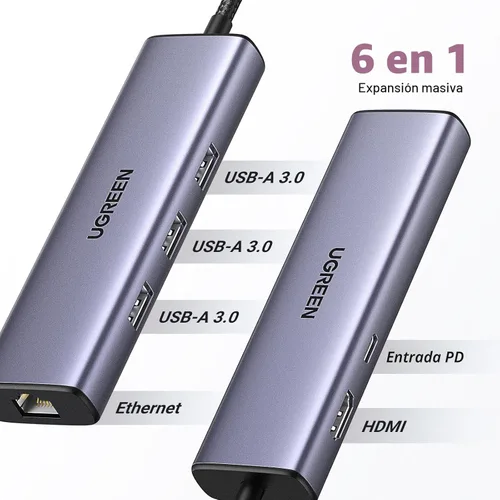 Vista 2 de UGREEN Revodok - Hub USB C 6 en 1 con adaptador Gigabit Ethernet, carga PD de 100W, HDMI 4K, puertos de datos USB A compatibles con Mac M1, M2, M3
