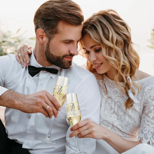 Vista 5 de Juego de cuchillos y servidores para tartas de boda, copas de flauta de champán con corte de pastel para copas de boda para novia y novio