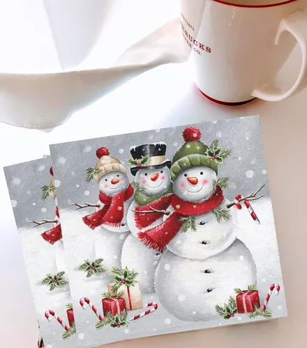 Vista 4 de Servilletas de muñeco de nieve de Decoupage de 20 quilates, 13 x 13 pulgadas, servilletas de papel de Navidad para niños, desechables, sonrisa linda