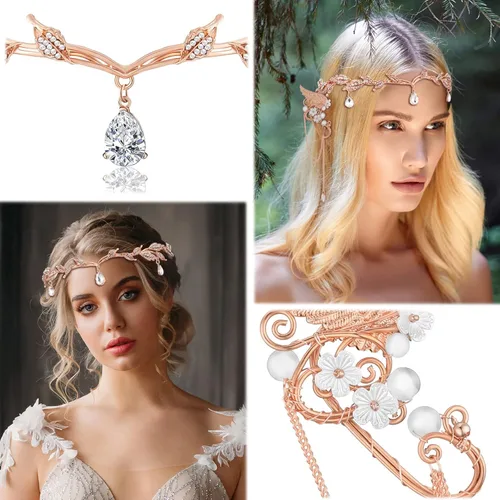 Vista 6 de Diadema de hojas de hadas de diamantes de imitación puños de orejas de elfo corona de elfo accesorio para hadas cosplay concursos bodas bailes
