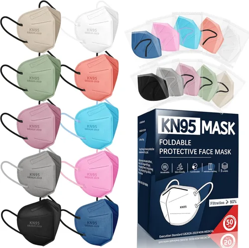 FENFEN Mascarillas KN95 para adultos, paquete de 50 mascarillas KN95 desechables de 10 colores, 5 capas transpirables envueltas individualmente con