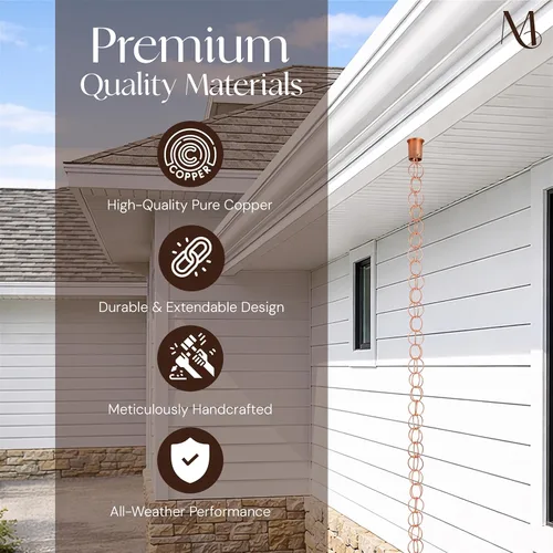 Vista 3 de Monarch Rain Chains Cadenas de lluvia de anillo de cobre puro para canaletas – Cadena de lluvia decorativa de 8.5 pies para exteriores, duradera