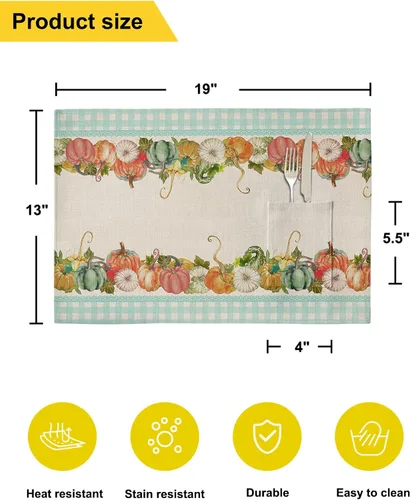 Vista 6 de Harvest Thanksgiving Table Placemats for Dining Table Set of 4,Cotton Linen Cloth Kitchen Place Mats with Pocket,SquareRectangleRoundOblong Table