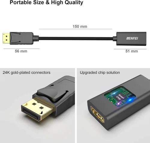 Vista 6 de BENFEI Adaptador de pantalla DisplayPort 4K a HDMI, DP 1.2 de una sola dirección, adaptador de pantalla DP chapado en oro a HDMI compatible