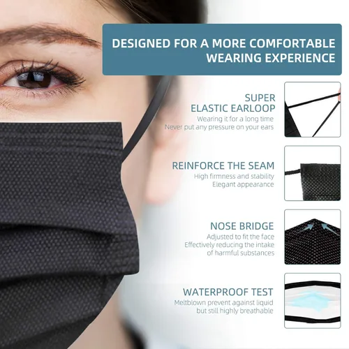 Vista 4 de Mascarillas desechables negras, envueltas individualmente, mascarillas negras para mujeres, mascarilla desechable para hombres, transpirable